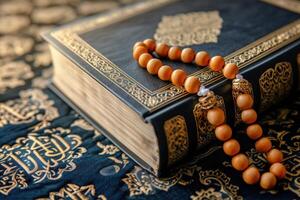 ai generato Arabo calligrafia di santo al Corano con tasbih foto