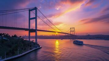 ai generato Visualizza di un' barca attraversamento un' fiume con un' sospensione ponte spanning esso a tramonto ai generato foto