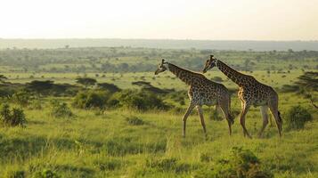 ai generato Due giraffe con grazia a piedi attraverso un' lussureggiante, verde paesaggio ai generato foto