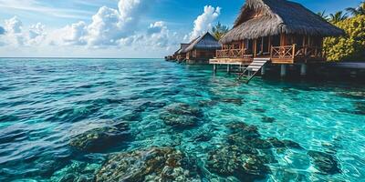 ai generato tropicale Paradiso. lusso vista panoramica su Maldive ricorrere su paesaggio marino sfondo. bungalow, ville su bellissimo esotico spiaggia su il oceano. terme, tempo libero, concetto ai generato foto