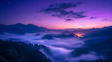 ai generato montagne nel nebbia su bellissimo notte. paesaggio con alto montagna valle, Basso nuvole, foresta, viola cielo con stelle, illuminante il città a tramonto ai generato foto