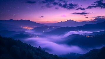 ai generato montagne nel nebbia su bellissimo notte. paesaggio con alto montagna valle, Basso nuvole, foresta, viola cielo con stelle, illuminante il città a tramonto ai generato foto