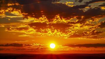 ai generato sbalorditivo foto di tramonto al di sopra di città orizzonte. il sole è parzialmente oscurato di nuvole, getto un Vettore di d'oro raggi attraverso il cielo ai generato