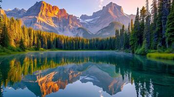 ai generato foto di tranquillo lago circondato di torreggiante montagne e lussureggiante verde foreste. il Immagine cattura mozzafiato Visualizza di incontaminato lago riflettendo il circostante paesaggio. ai generato