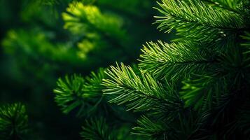 ai generato foto di luminosa verde pino aghi impostato contro scuro, ombroso sfondo. ai generato