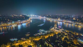 ai generato aereo notte Visualizza di un' paesaggio urbano circondato di acqua ai generato foto