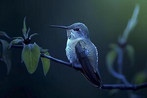 ai generato colibrì arroccato su un' ramo, illuminato di un' morbido blu leggero nel il mezzo di buio ai generato foto