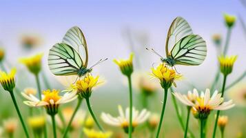 ai generato foto selettivo messa a fuoco tiro di un' bellissimo farfalla seduta su un' ramo con piccolo giallo fiori ai generato