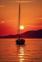 ai generato barca a vela ancorato a mare durante un' mozzafiato tramonto ai generato foto