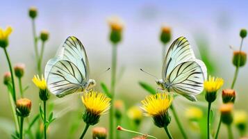 ai generato foto bianca farfalle con nero lineamenti su loro Ali, arroccato su vivace giallo fiori. il farfalle siamo circondato di numerose simile fiori ai generato