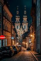 ai generato Immagine di meravigliosamente illuminato barocco stile Chiesa, annidato fra classico architettonico edifici su ciottolo strada a notte ai generato foto