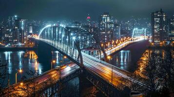 ai generato meravigliosamente illuminato ponte a notte, con il città luci nel il sfondo ai generato foto