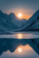 ai generato foto bellissimo scenario di alto roccioso montagne coperto con neve sotto il mozzafiato cielo, Soli a partire dal il tramonto, minimalista stile ai generato