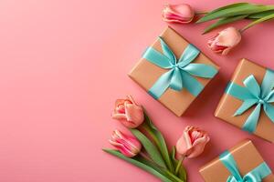 ai generato foto regalo scatola con rosa tulipani e fiori su un' rosa sfondo, superiore Visualizza vuoto spazio ai generato