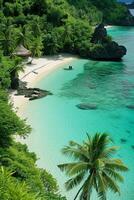 ai generato foto di tropicale spiaggia con cristallo chiaro acque, bianca sabbie, e lussureggiante verde. il acque dovrebbero essere cristallo chiaro turchese ai generato