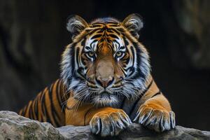 ai generato tigre con riccamente dettagliato pelliccia, in mostra il intricato modello di strisce ai generato foto