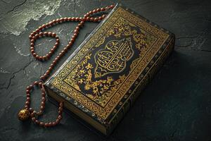 ai generato Corano o kuran il islamico santo libro nel buio sfondo con rosario perlina foto