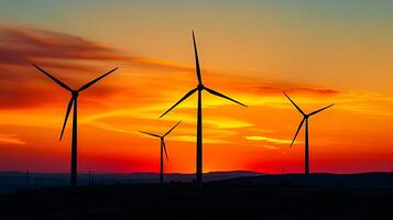 ai generato foto di vento turbine staglia contro vivace tramonto. sotto il orizzonte dovrebbero essere oscurato paesaggio, tranquillo, calmo ambientazione ai generato