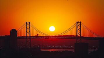 ai generato sbalorditivo foto di tramonto con un arancia e giallo pendenza cielo. il sole è prominente visibile, ambientazione dietro a il silhouette di sospensione ponte. paesaggio urbano silhouette ai generato