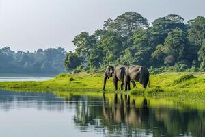 ai generato tranquillo scena nel natura dove Due elefanti siamo visto vicino il acqua bordo. ai generato foto