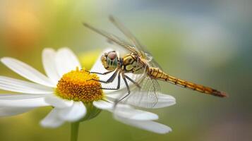 ai generato libellula riposo su il petali di un' bianca fiore ai generato foto