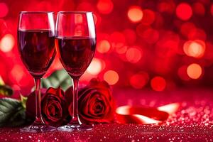 ai generato San Valentino giorno o romantico concetto. Due bicchieri vite con rosa rosso bokeh sfondo ai generato foto