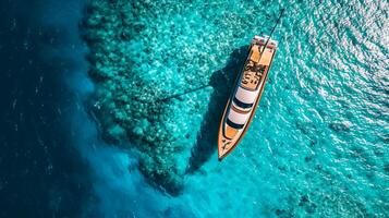 ai generato aereo fuco superiore giù ultra largo foto di lusso yacht ancorato nel tropicale esotico isola ai generato