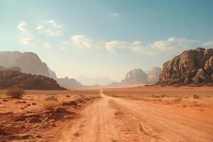 ai generato paesaggio Visualizza di polveroso strada andando lontano lontano Da nessuna parte nel wadi Rum deserto Giordania foto