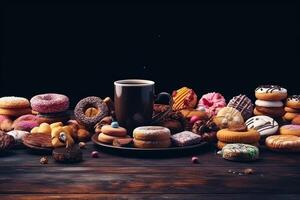 ai generato assortito pasticcini e caffè su buio sfondo. foto