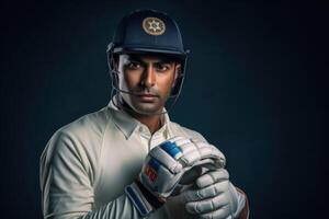 ai generato indiano giocatore di cricket nel studio ritratto con casco e guanti foto