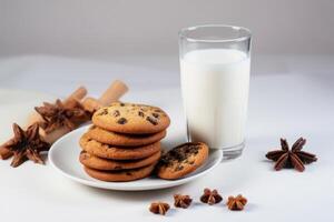 delizioso cioccolato biscotti con fresco latte Perfetto per bambini prima colazione o merenda. foto