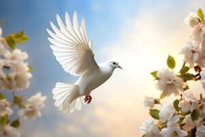 ai generato tranquillo, calmo bianca colomba simboleggia la libertà e preghiere per Ucraina foto