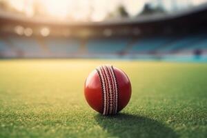 ai generato pelle palla su cricket pipistrello a stadio intonazione. foto