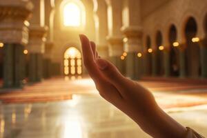ai generato mano di musulmano persone preghiere con moschea interno sfondo foto
