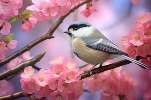 ai generato Cincia uccello in mezzo rosa ciliegia fiorire nel primavera giardino foto