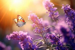 ai generato bellissimo lavanda fiori e farfalle nel natura foto