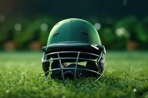 ai generato cricket fan casco su verde erba con focalizzata luci. foto