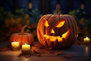 ai generato a tema halloween Jack o lanterna con candela leggero 3d illustrazione. foto