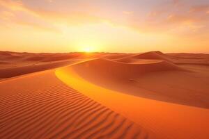 ai generato tramonto al di sopra di il deserto di al katim nel abu dhabi emirati. d'oro sabbia duna deserto paesaggio panorama. bellissimo tramonto al di sopra di il sabbia dune nel il al katim nel abu dhabi Emirates foto