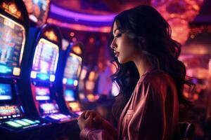 ai generato asiatico donna dipendente per gioco d'azzardo nel las vegas casinò. foto