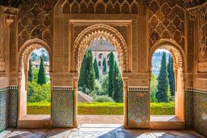 ai generato archi nel islamico moresco stile nel Alhambra granada Spagna foto