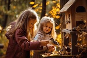 ai generato bambini alimentazione uccelli nel il foresta durante autunno foto