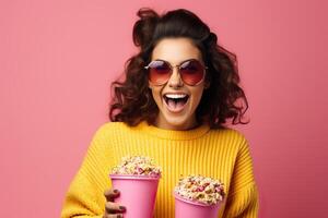 ai generato del Millennio signora con brunetta capelli celebra con Popcorn e bibita. foto