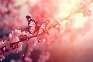 ai generato primavera natura scena con fioritura albero e farfalla foto
