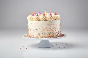 ai generato colorato vaniglia buttercream compleanno torta su neutro sfondo. foto