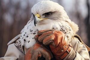 ai generato falconeria a caccia con allenato uccelli di preda foto