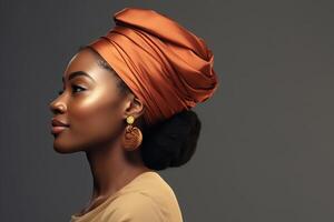afro americano signora indossare turbante, Tenere mano, isolato su grigio sfondo foto