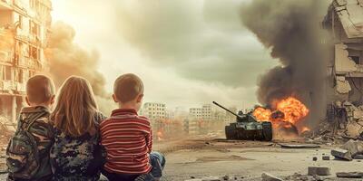 ai generato innocenza in mezzo caos, bambini nel il conseguenze di guerra foto