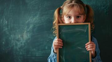 ai generato ragazza Tenere vuoto verde lavagna su verde sfondo foto