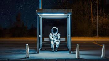 ai generato cosmico solitudine, astronauta contemplando a notte autobus fermare foto